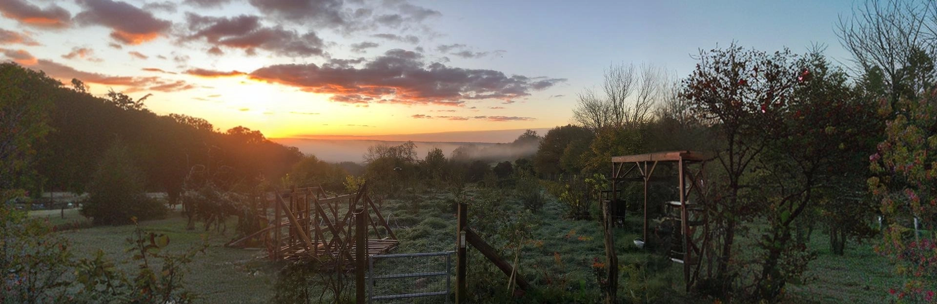 Coucher de soleil aux teintes orangées et brume matinale sur un paysage agricole vallonné avec des structures en bois